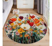 Tapis Orange Rouge 120 Cm, Tapis À Poils Courts Lavable Rond Antidérapant Doux Confortable, Tulipe Abstraite Peinture À L'Huile Végétale Moquette Pour Salon Chambre Cuisine Et Chambre D'Enfant