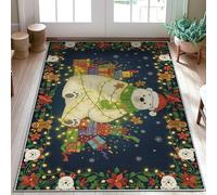 Tapis ours polaire, cadeaux festifs de Noël, bonhomme en pain d'épices de Noël, bleu foncé, paillasson rectangulaire imprimé, tapis décoratif pour salle de bain, entrée, chevet, buanderie, 0,9 x 1,5 m