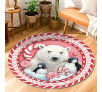 Tapis ours polaire - Pingouin festif d'hiver - Sucre d'orge - Noël - Rouge - Poils courts - Esthétique - Cercle - Tapis décoratif pour salle de bain, entrée, cuisine, chevet - 0,9 x 0,9 m