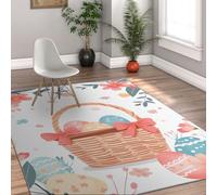 Tapis Pâques joyeuses lavables 60x120cm Motif de Panier de Lapins Printemps Motifs d’œufs intérieurs et extérieurs Zone à Poil Bas à Poil Bas Rugs pour Salon Chambre Tapis Maison