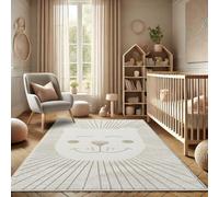 Tapis payé pour chambre d'enfant 120x160cm - Beige crème pastel - Tapis de jeu à poil court avec mignon motif de lion