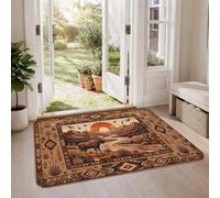 Tapis paysage du désert d'élan du sud-ouest 0,6 x 0,9 m | Bordure géométrique sud-ouest, scène de paysage désertique, cabane rustique, esthétique, imagerie de la faune naturelle