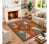 Tapis paysage forêt d'automne 1,2 x 1,8 m | Motifs de feuillage d'automne, silhouettes d'oies migrantes, thème chalet de lac rustique, esthétique de cabane forestière