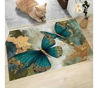 Tapis Peinture L'Huile Papillons Feuille D'Or Bleu-Vert, 90X150Cm Tapis Animaux Luxueux Paillasson Piège Visuel Amusant Antidérapant Lavable Paillasson D'Entrée Intérieur Extérieur Pour Salle Bain