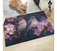 Tapis Peintures Rétro Réalistes Paillasson Mésange Aquarelle Fleur De Cerisier Tapis Antidérapant et Absorbant, Lavable, Paillasson pour Intérieur, Chambre, Cuisine, Entrée (Rose Bleu, 60x90cm )