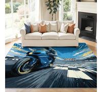 Tapis Pile Courte Circuit de Motos Pop Art Tapis De Salon Lavable en Machine Chambre Adulte 60 x 110 cm Decoration Chambrel Manger Bleu