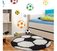 Carpettex Teppich Tapis pour Enfants à Poil Long en Forme de Ballon de Football, Moelleux et Super Doux pour la Chambre d'enfant., Couleur: Noir, Taille: 100 cm Rond