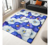 Tapis Plantes Pétales Pensées Bleu Blanc 100 X 150 Cm - Poils Courts Ultra Doux, Lavable en Machine, Antidérapant, Ne Peluche Pas - Tapis Rectangulaire pour Salon, Chambre