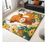Tapis Poil Court Grand Lavable Super Doux et Antidérapant, Vache de Dessin animé dans Les Fleurs Tapis Salon Chambre Salle à Manger Bureau Oeko-TEX Résistant, Multicolore paillassons 60 x 90 cm