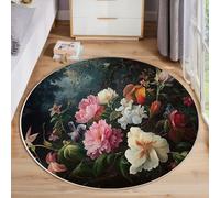 Tapis Poil Ras Rond Nature Sauvage Romantique Tapis Rond Fleurs Sauvages Mélancoliques Doux et antidérapant - Lavable en Machine - pour Salon, Chambre à Coucher, Salle à Manger, 120cm, Vert Forêt