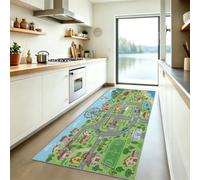 Tapis Poils Courts Lavable 80x300 cm, Tapis de Couloir Antidérapant Imprimé Dessin Animé Route - Motif Ville Montagnes Plage, Moquette Vert pour Cuisine Couloir Buanderie Entrée