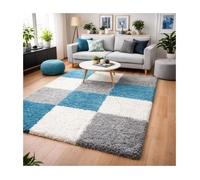 Tapis poils longs shaggy 60x110 rectangle tissé bleu ciel et gris motif damier