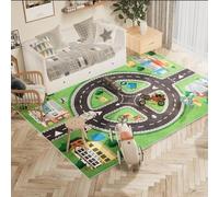Tapis pour chambre à coucher pour enfants lavable en machine antidérapant à poils courts pour salon, salle de jeux, salle de classe, piste de dessin animé en plusieurs couleurs, vert, 200 x 200 cm