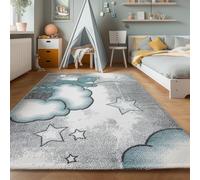 Tapis pour enfant - Avec de mignons motifs éléphant, nuage et étoiles - Pour chambre d’enfant, chambre de bébé, salle de jeux - Tapis rectangulaire, rond - Gris, bleu, blanc