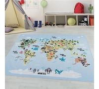 Tapis pour Enfants avec Carte du Monde et Animaux, Lavable, pour garçons et Filles, adapté pour Chambre d'enfant Taille: 80 x 120 cm, Couleur: Bleu-3