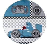 Tapis pour Enfants, Couleur Bleu, Voiture de Course, 111329, Tapis Ronde, Tapis Chambre d'enfant Chambre bébé, 120 cm Rond