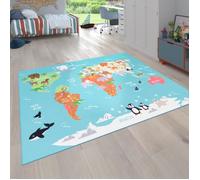 Tapis pour enfants, Tapis de jeu pour chambres d'enfants, Carte du monde avec animaux, En vert [100x200 cm]