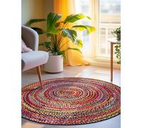 Tapis Prakriti en coton multicolore fabriqué à la main en Inde - Tapis rectangulaire en coton multicolore - Tapis d'extérieur - Paillasson - Taille : 120 cm x 120 cm (4 x 4 pieds rond)