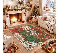 Tapis puzzle de Noël avec citation de vacances 1,2 x 1,8 m | Paysage de village d'hiver, voies ferrées, arbres à feuilles persistantes, motifs de cabane confortables