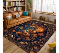 Tapis rectangulaire en forme d'écureuils - Motif citrouilles d'automne - Orange - Poils courts - Bordure éponge - Pour salon, chambre à coucher, cuisine, couloir - 1,5 x 2,1 m