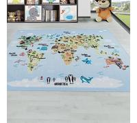 Tapis Rectangulaire pour Enfant, Bleu, Carte du Monde avec Motif Animalier, 100 x 150 cm