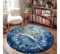 Tapis requin d'hiver fantaisie, bois de cerf fantaisie, flocons de neige, bleu à poils bas, tapis de porte pour salle de bain, entrée, table de chevet, décoration de 1,2 x 1,2 m
