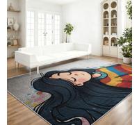 Tapis résistant, Dessin Animé, 60 x 90 cm | Fille Cheveux Noirs Pull Rayé Imprimé 100% Polyester Doux Tapis pour Balcon terrasse Chambre Cuisine Salon