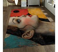 Tapis Rétro avec Texture Géométrique Vieillie et Portrait Féminin, Antidérapant Lavable à Poil Bas pour Salon et Chambre 180x230cm