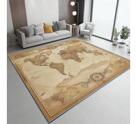 Tapis Rétro Carte du Monde Bordures, 60 x 90 cm Tapis Moquette de Chambre à Poils Ras, Paillasson Intérieur - pour Chambre à Coucher de Salon, Brun Décoration Maison