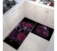 Tapis Romantique Gothique 40x60+40x120cm Antidérapant Tapi Crâne de Rose Rouge violacé Idéal pour Le Couloir, la Cuisine, Le Salon ou comme Tapis de lit