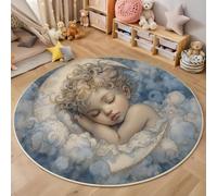 Tapis rond ø 100cm, Bleu avec peu de Style de peinture à l'huile rétro Bébé dormant sur un croissant de lune, tapis pour chambre d'enfant, salon, salle à manger, chambre à coucher, sol, canapé