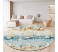 Tapis Rond 100 cm, Beige Bleu Tapis de Salon Lavable en Plage Coquillages Pierres Herbe modèle, Descente de lit Douce et antidérapante pour Chambre, pour décoration intérieure, Salle à Manger