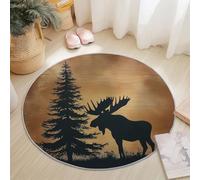 Tapis Rond 100 cm, Brun Tapis de Salon Lavable en Rétro Cerf Pins modèle, Descente de lit Douce et antidérapante pour Chambre, pour décoration intérieure, Salle à Manger