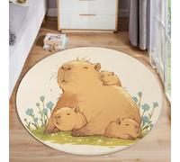 Tapis Rond 100 Cm Crème Salon Chambre Rug Lavable en Machine Tapis Chambre Adulte Doux Capybara Dessin Animé Impressions d'animaux en 3D Descente De Lit Antidérapant Decoration Chambrel Mangerded