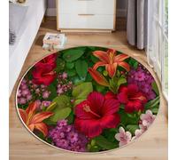 Tapis Rond 100 Cm Fleurs Tropicales Et Feuilles Vertes Salon Chambre Rug Lavable en Machine Tapis Chambre Adulte Doux Lys, Hibiscus Descente De Lit Antidérapant Decoration Chambrel Mangerded