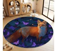 Tapis Rond 100 cm Lavable Machine, Tapis Réaliste Animaux Renard Papillon à Poils de Sol Décoration Antidérapant Violet Foncé pour Salon Chambre Cuisine Balcon d'enfant Salle à Manger