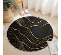Tapis Rond 100 cm Or Noir Salon Chambre Rug Lavable en Machine Tapis Chambre Doux Luxe Lignes Vagues Descente de Lit AntidéRapant Decoration Chambrel Mangerded