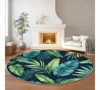 Tapis Rond 100 cm pour Chambre à Coucher Salle à Manger Chambre d'enfant, Rétro Illustration Feuille De Palmier Flanelle Rond Tapis Doux Résistant, Vert Lavable Antidérapant