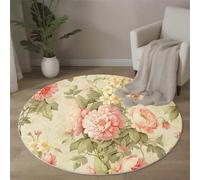 Tapis Rond 100 Cm, Tapis Motifs Pivoines Et Fleurs Sauvages Lavable en Machine pour Salon, Antidérapant Moquette Imprimé Floral Pastoral pour Salle À Manger, Chambre D’Enfant, Nurserie Jaune Pâle