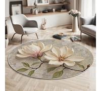 Tapis Rond 100 Cm, Tapis Peinture À L'Huile 3D De Magnolia Plante Vintage Lavable Machine Pour Salon - Antidérapant Moquette Chaleureux Guérisseur Pour Salle Manger Chambre Nurserie, Couleur Crème