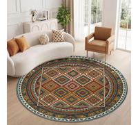 Tapis Rond 100 cm, Tapis Salon Moderne Lavable Doux Poil Ras avec Bohème Ethnique Géométrique Losange Totem Bordure Marron, Dessous antidérapant, idéal pour Chambre et décoration intérieure