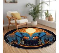 Tapis Rond 100 cm Tradition Éléphants Ethnicité Ciel Étoilé Thème Tapis de Salon Lavable en Machine Chambre d'enfant Doux Descente de Lit AntidéRapant Decoration Chambrel Mangerded, Bleu Orange