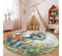 Tapis Rond 100cm Animaux Préhistoriques L'Aquarelle | Antidérapant, Lavable, Rund Tapis Tricératops Fleurs Sauvages Fougères Doux Poils Ras, Résistant Aux Taches La Décoration, Pour Chambre Enfant