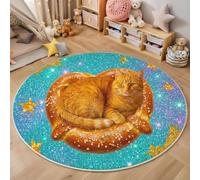 Tapis Rond 100cm Lavable en Machine - Fantastique Surréaliste Doux Confortable Antidérapant Chat Orange Pain Ciel Étoilé Imprimé Couleur Orange Tapis, pour Chambrel Mangerded Nurserie Decoration