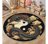 Tapis Rond 100cm Lavable en Machine - Orient Mythologie Doux Confortable Antidérapant Dragon Symbole du Tai Chi Nuages De Bon Augure Imprimé Vert Tapis, pour Chambrel Mangerded Nurserie Decoration