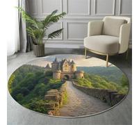Tapis Rond 100cm, Paysages Réalistes Naturels Lavable Antidérapant Pliable Vert Tapis, Doux et Moelleux Château Forêt Imprimé Carpette pour Salon Chambre Chambre d'enfant Salle à Manger