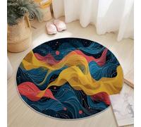 Tapis Rond 120 cm, Abstrait Ciel Nocturne Vagues Tapis Rond de Sol à Poils Courts Antidérapant, Bleu Jaune, pour Chambre Cuisine Balcon Terrasse Salon Salle à Manger Intérieur Extérieur