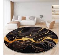 Tapis Rond 120 cm, Abstrait Luxe Marbré Lignes Motif - Confectionné en Flanelle Et Polyester, Confortable Lavable Anti-Dérapant Résistant À La Décoloration Or Noir Tapis Et Usage Quotidien