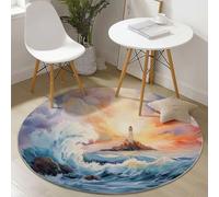 Tapis Rond 120 cm Aquarelle Île Phare Mer Thème Tapis de Salon Lavable en Machine Chambre d'enfant Doux Descente de Lit AntidéRapant Decoration Chambrel Mangerded, Bleu Orange