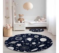 Tapis Rond 120 cm Bleu Foncé Salon Chambre Rug Motif De Fusée Spatiale, Style Dessin Animé Dessiné À La Main Lavable en Machine Tapis Doux Description, Descente de Lit Décoration Chambre Enfant